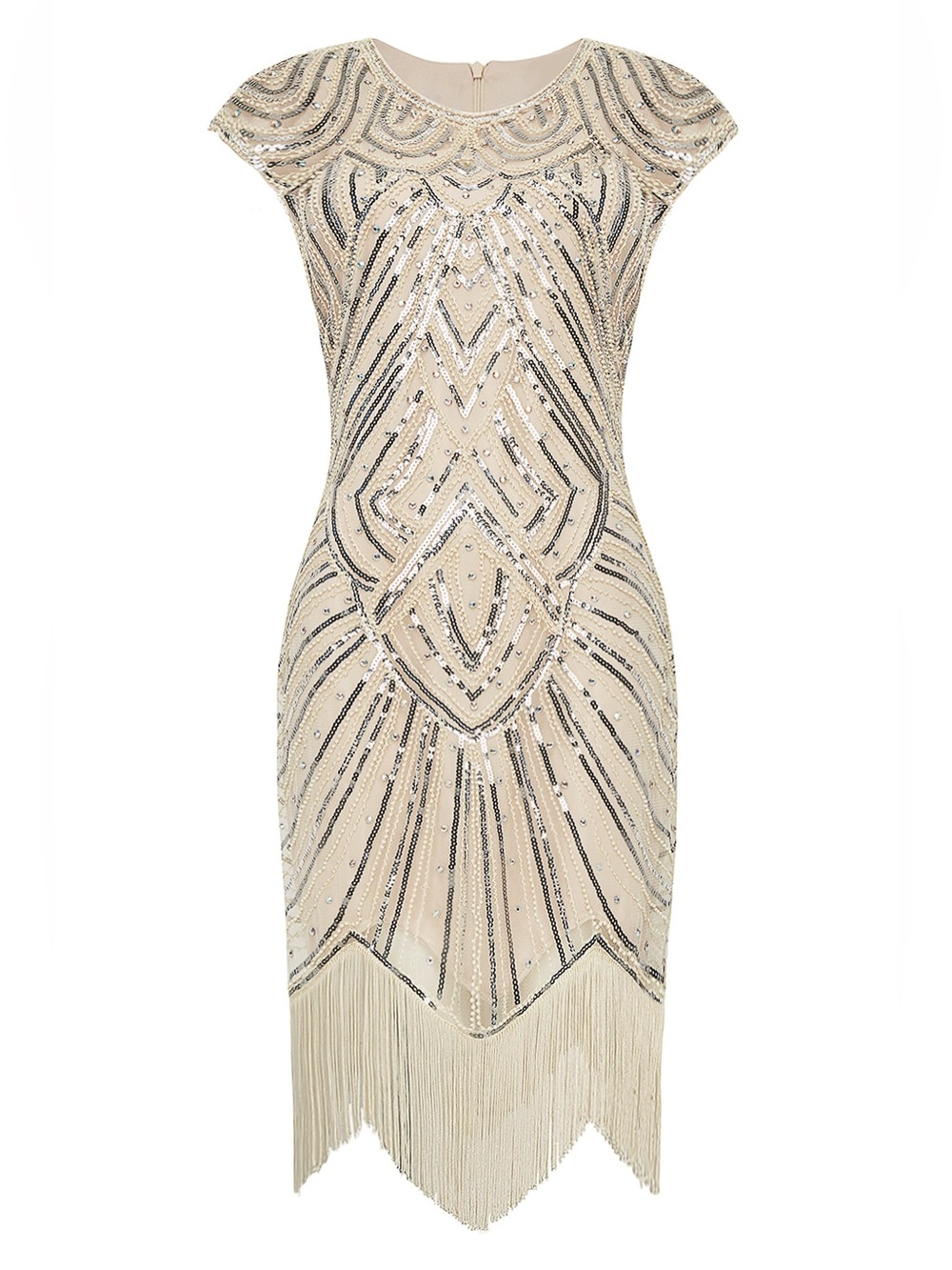 ELEGANT Babeyond/ Beaded Fringe Cocktail Dress in Cream/ L/ Ptp-18-19”